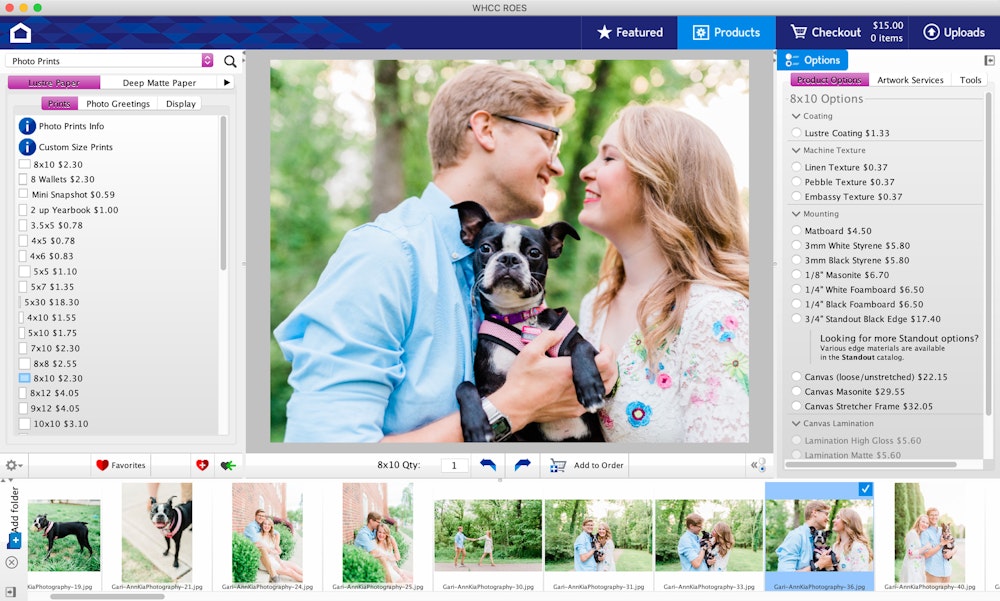 A screenshot of the ROES ordering software, displaying a gallery of images where the selected image is a couple looking at each other and holding a small black dog.