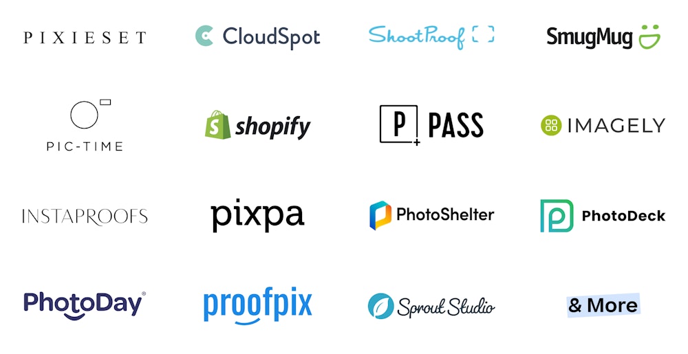 A grid of the logos of various photography related companies, including Pixieset, Shopify, Pass, Lightroom, and SmugMug