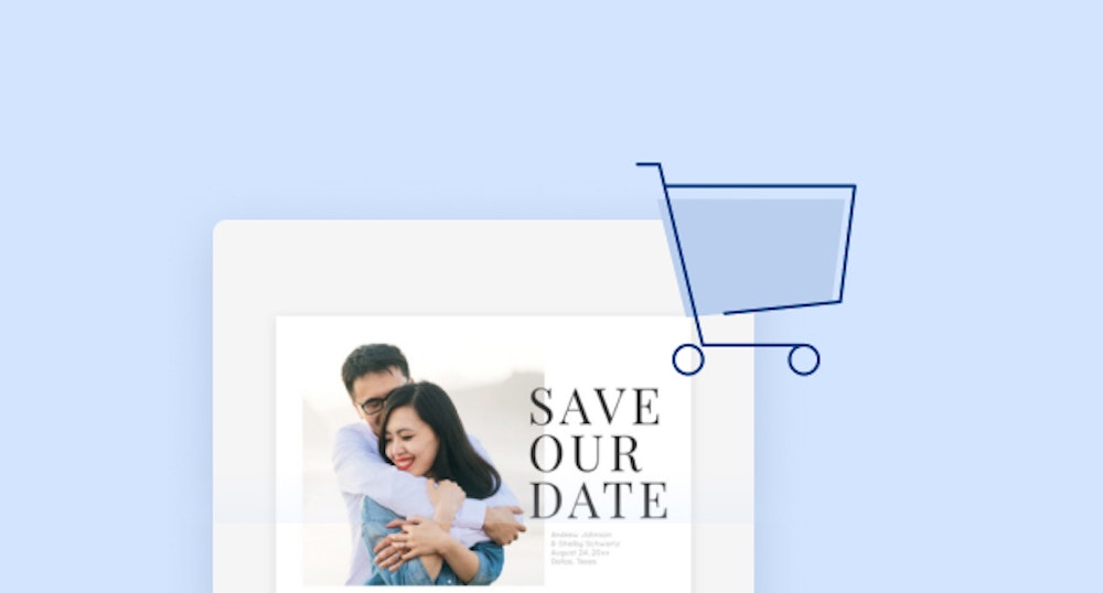 A save the date card inside a card editor with a cart icon overlayed on it and a light blue background.