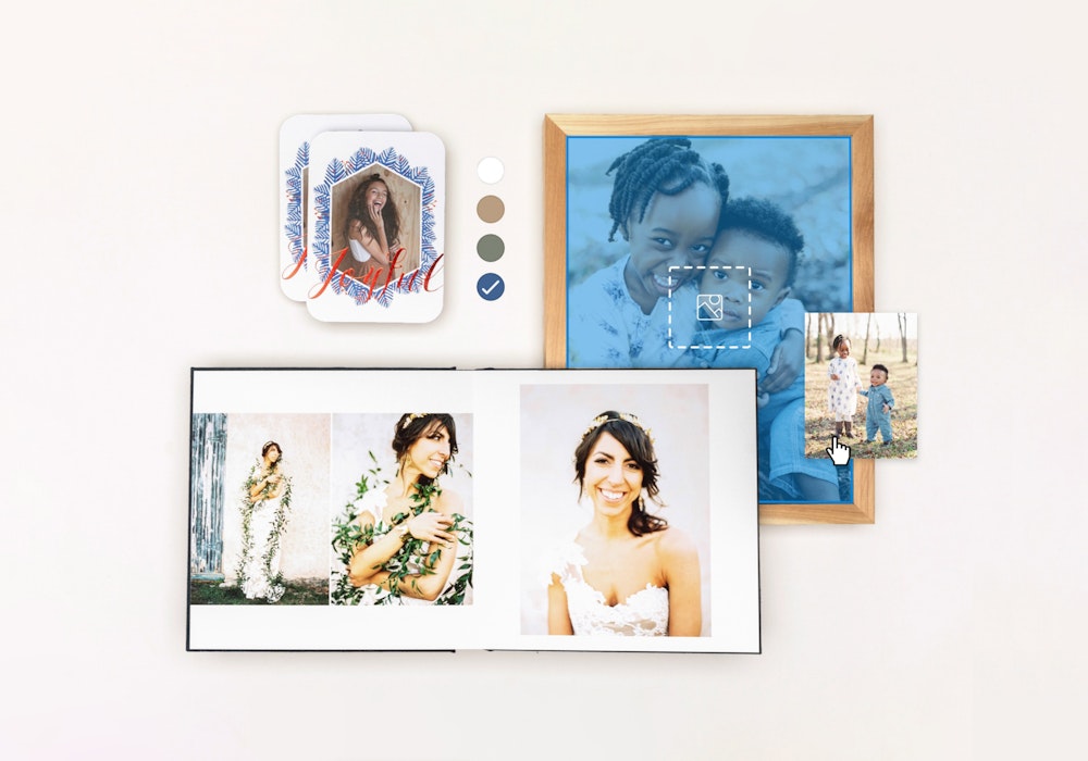 Interface elements showing how you can design albums, framed prints, and cards in the WHCC Studio